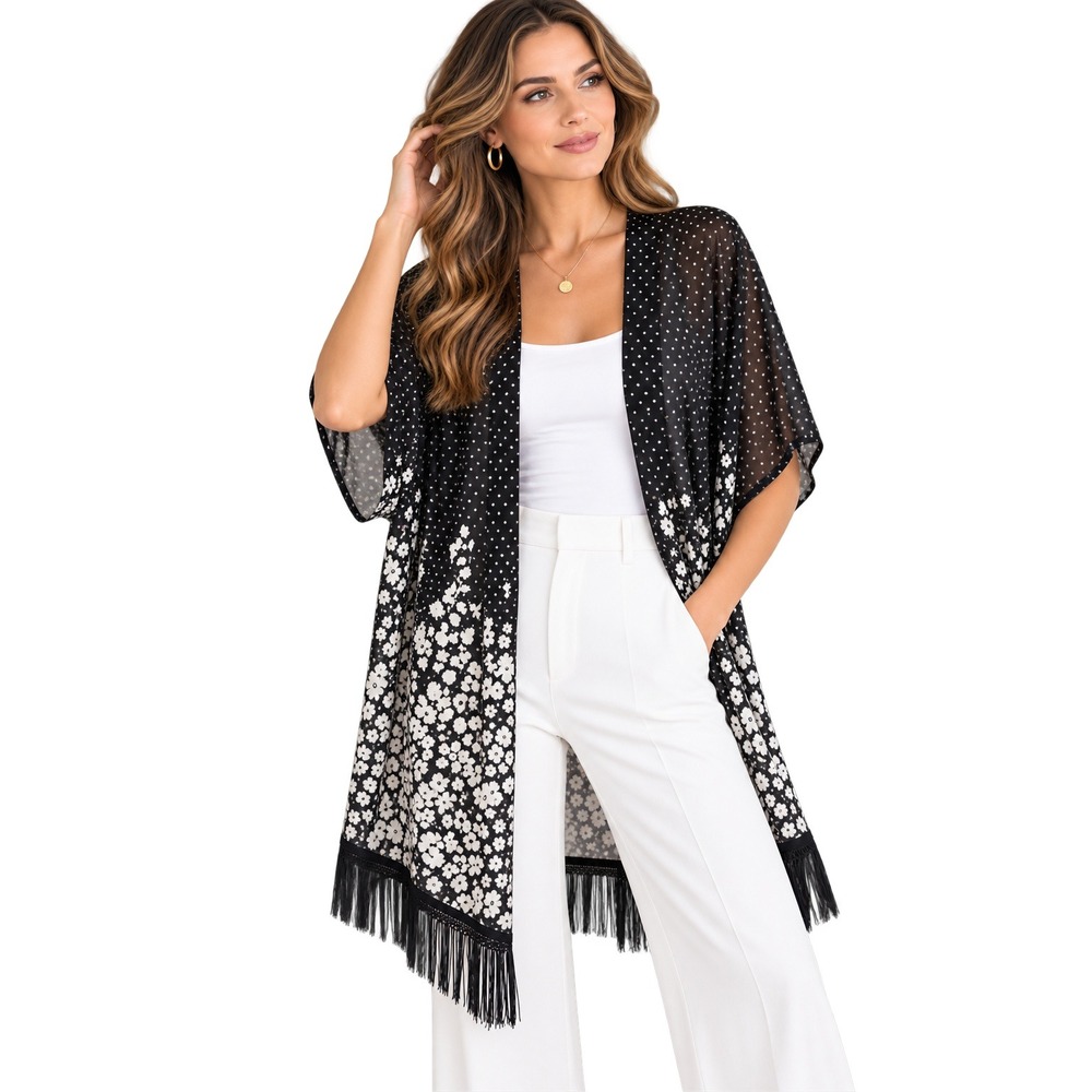 Siren Lily Floral Kimono Cardigan Women OS Black Whimsigoth Asymmetric Fringes